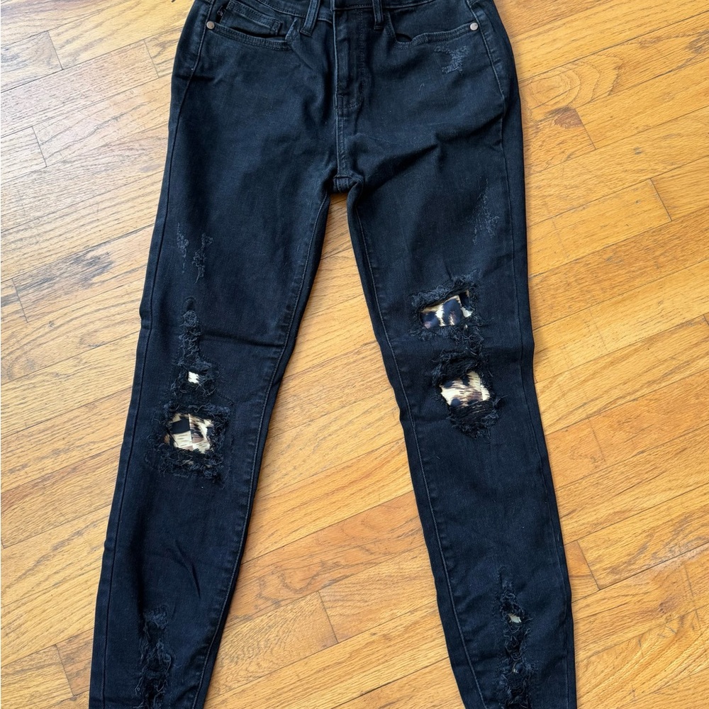 Judy Blue Black Skinny Distressed Jeans with Rips and Tapered Leg